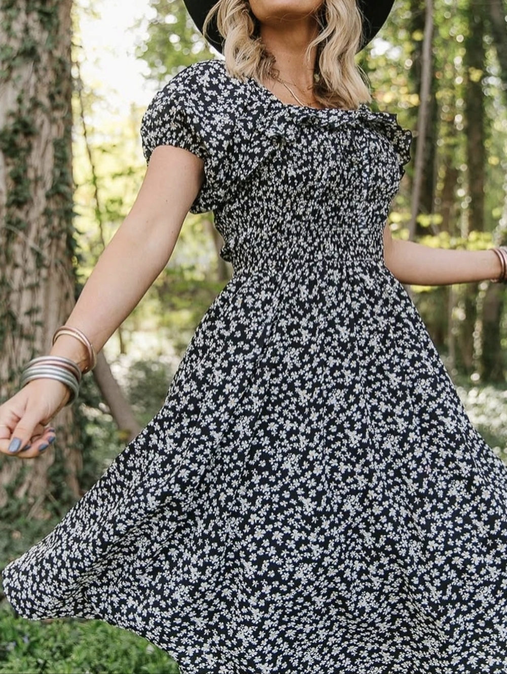 IVY CITY CO Women’s Black Floral Smocked Midi Dress